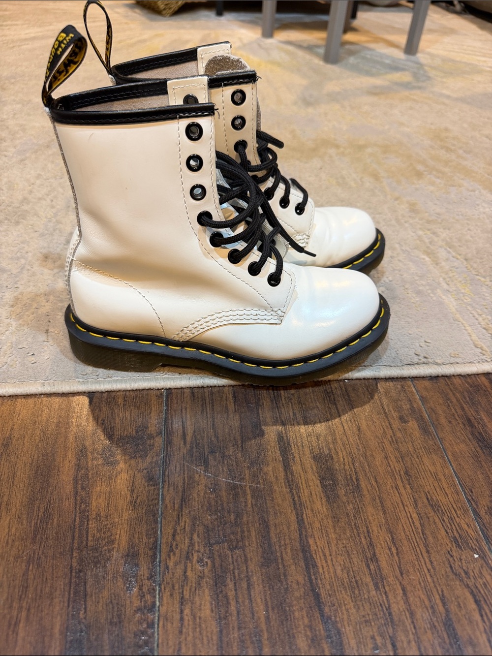 Dr. Martens White Leather Lace-Upโ Boots with Black Eyelets womenโs size 5 EUC